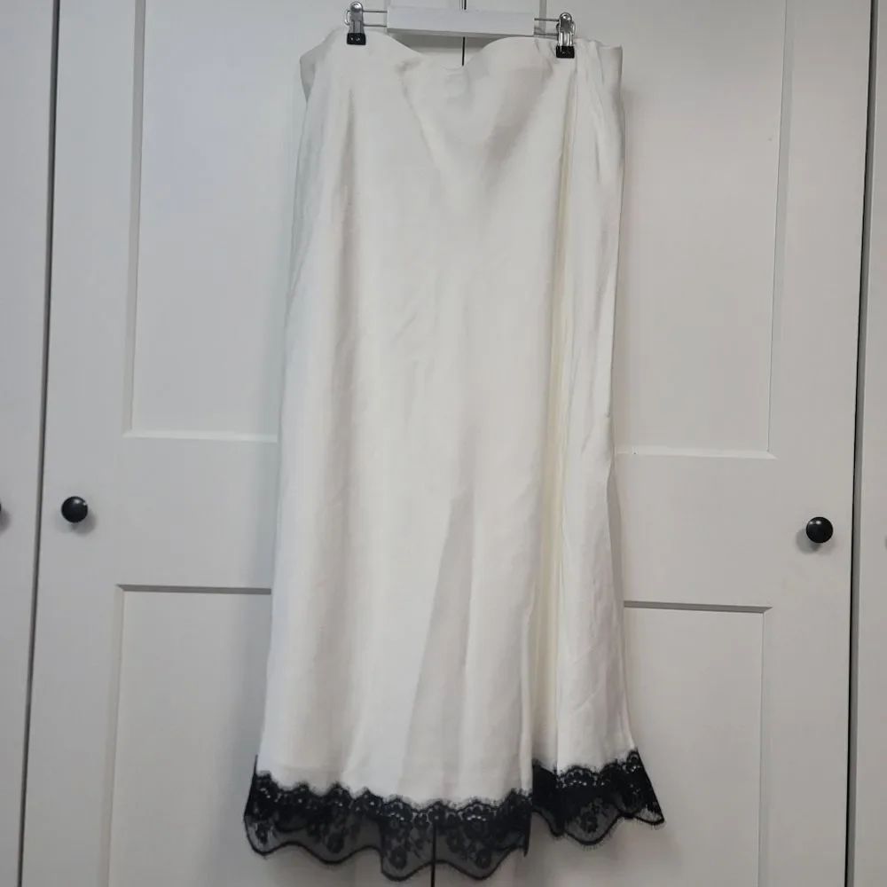 New Day Lace Trim Satin Midi Slip Skirt Cream White Black Lace Size XXL